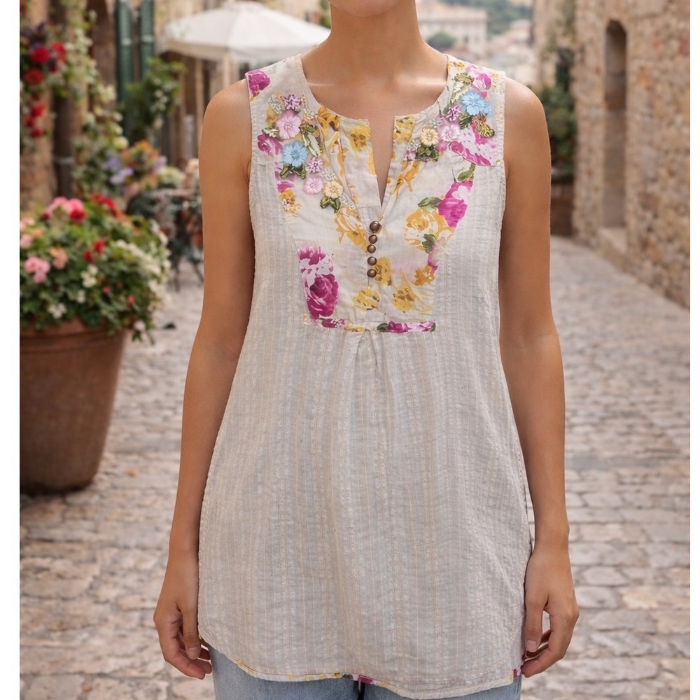 Aratta Silent Journey Embroidered Floral‎ Tunic Top XS Cotton Cottage Boho